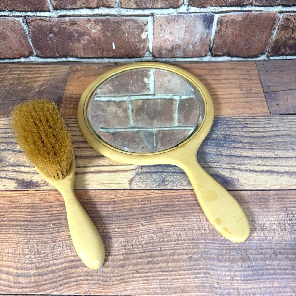 Vtg Vanity Set Mirror Brush Bakelite Celluloid 1920's Natural Bristles Antique‎